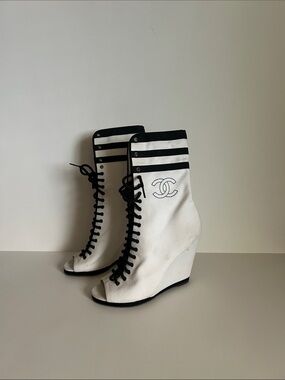 CHANEL White & Black Lace-Up Peep-Toe Wedge Boots